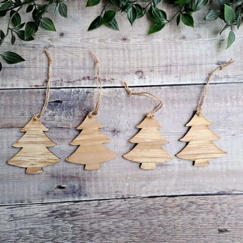 Set of 4 wooden tree shaped Christmas decorations