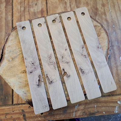 Set of 5 very rustic oak wood bookmark blanks with holes