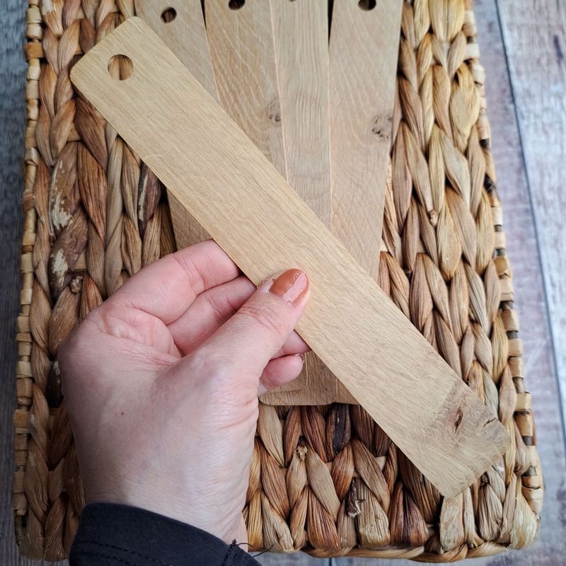 Set of 5 slightly rustic oak wood bookmark blanks with holes