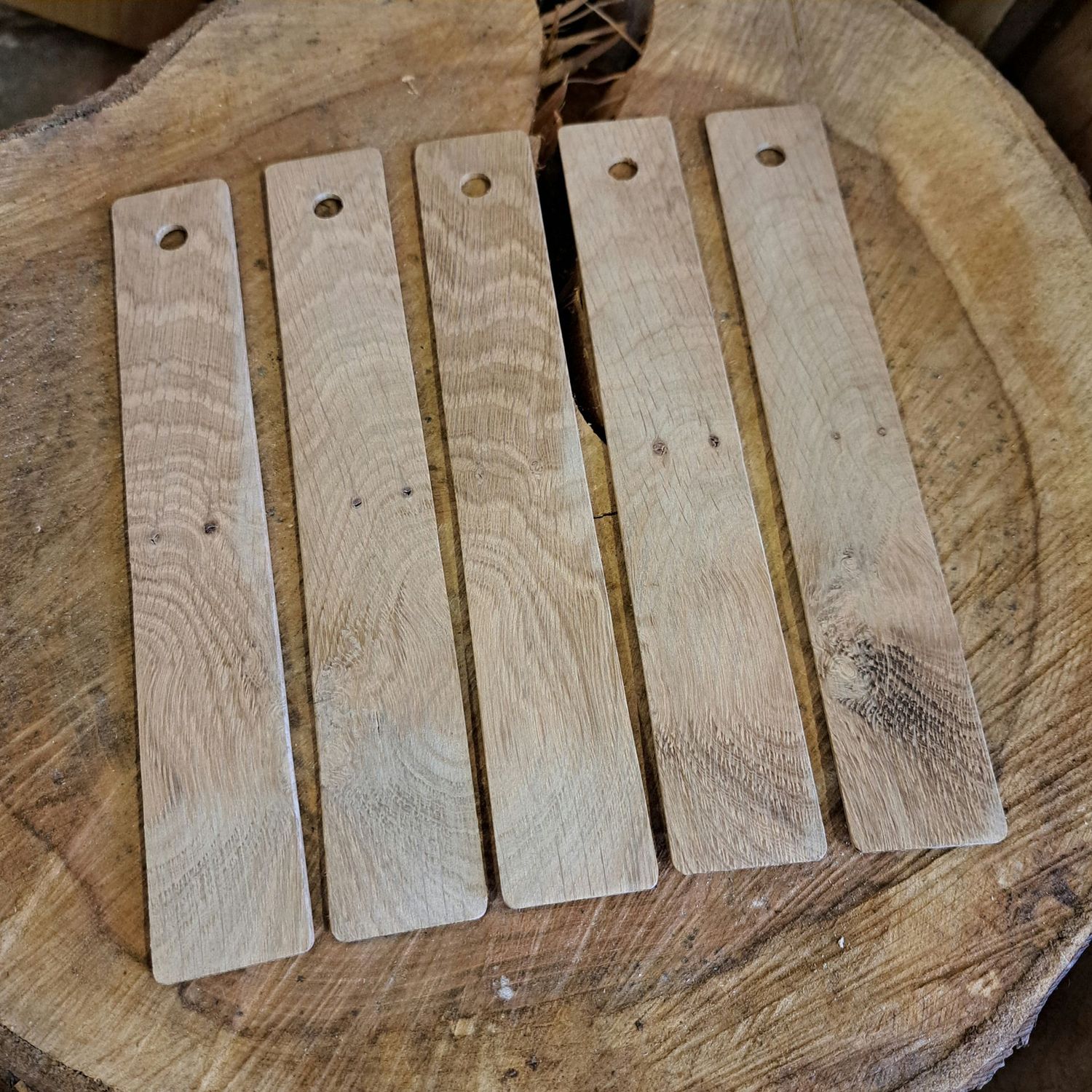 Set of 5 slightly rustic oak wood bookmark blanks with holes Set of 5 slightly rustic oak wood bookmark blanks with holes
