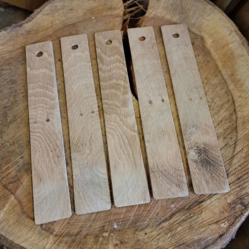 Set of 5 slightly rustic oak wood bookmark blanks with holes
