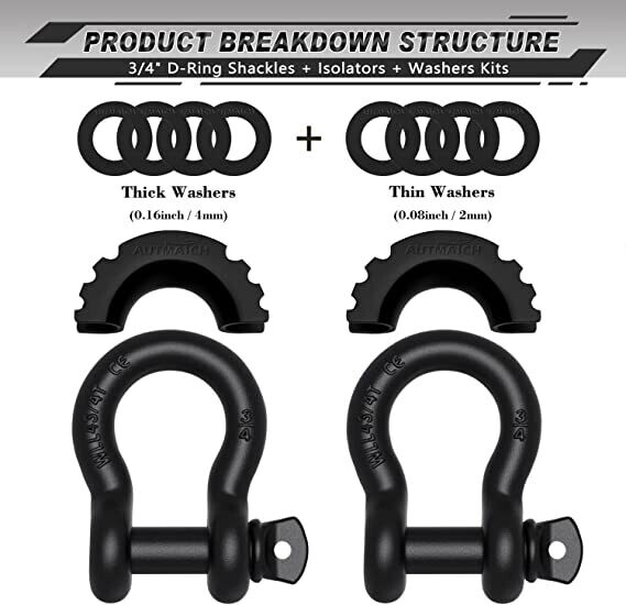 AUTMATCH Shackles 3/4&quot; D Ring Shackle (2 Pack) 41,887Ibs Break Strength with 7/8&quot; Screw Pin and Shackle Isolator &amp; Washers Kit for Tow Strap Winch Off Road Vehicle Recovery Frosted Black