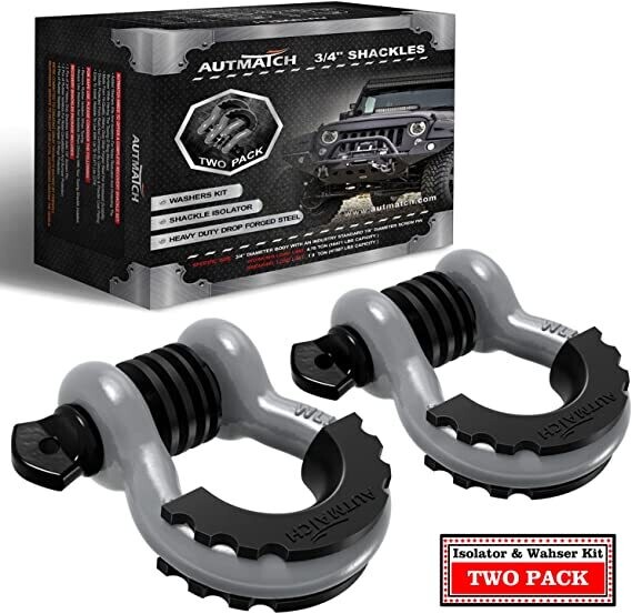 AUTMATCH Shackles 3/4&quot; D Ring Shackle (2 Pack) 41,887Ibs Break Strength with 7/8&quot; Screw Pin and Shackle Isolator &amp; Washers Kit for Tow Strap Winch Off Road Vehicle Recovery Gray &amp; Black