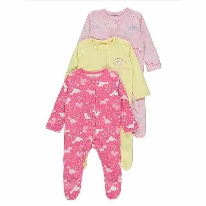 Pink Dinosaur And Unicorn Sleepsuits Pyjamas 3 Pack