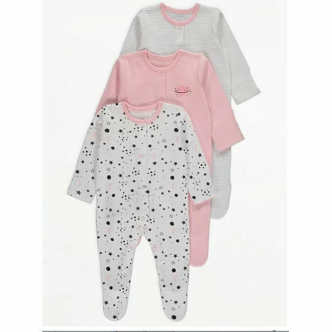 Pink Outer Space Print Sleepsuits 3 Pack