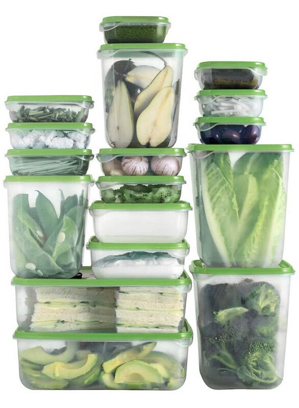 Set of 17 Plastic Food Package Container, Transparent with Green Lids
