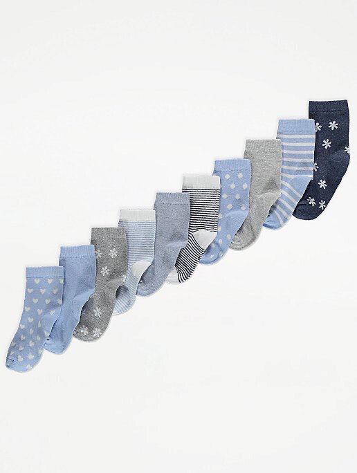 Blue Floral Ankle Socks 10 Pack