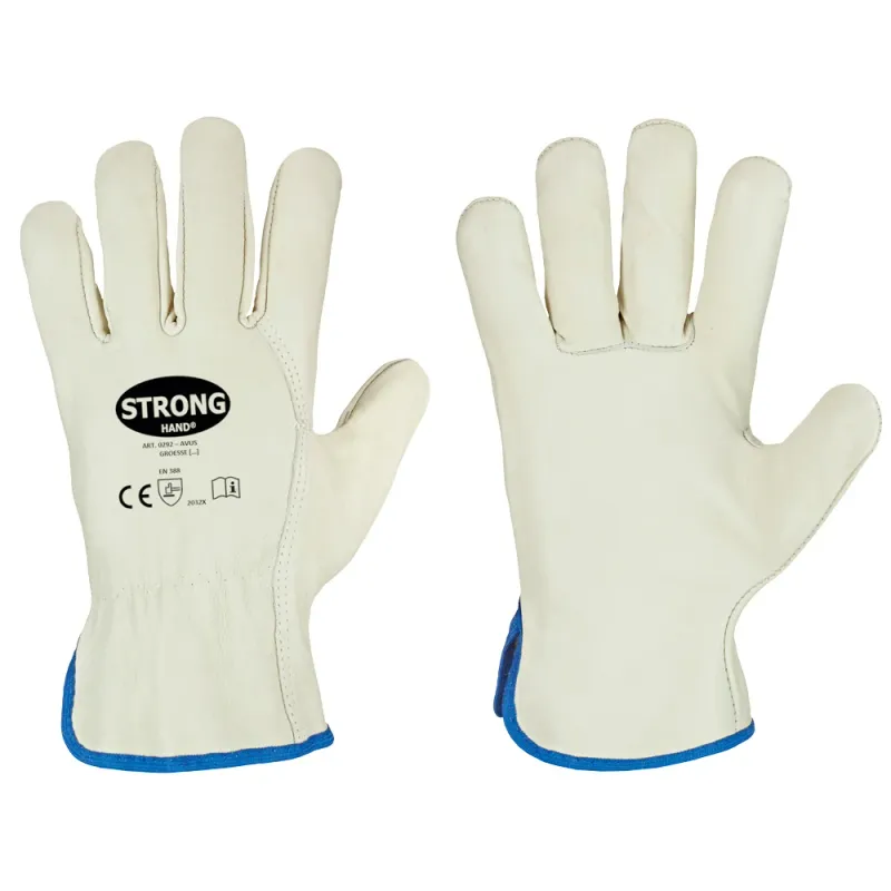 12 Paar Art.Nr.: F0292  *AVUS* STRONGHAND® HANDSCHUHE  RIND-NAPPA-LEDER, GRÜN/BEIGE, CAT 2  Artikelbeschreibung:  Norm: EN 388  Material: Rindnappaleder