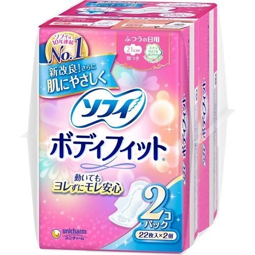 Unicharm Sofy Sanitary Napkins Body Fit Normal flow Day use With wings 22 Pcs x 2 pack