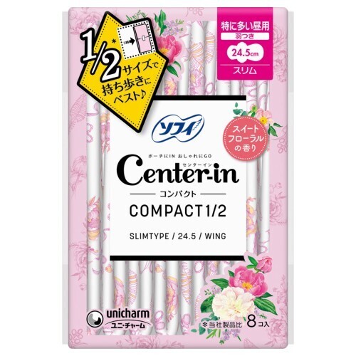 Center-in Compact 1/2 Natural Floral Scent For super heavy days/slim 24.5cm with wings (Made in Japan)