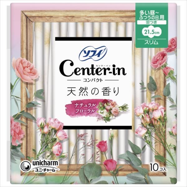 Unicharm Center-in Compact Natural Floral Scent For normal to  heavy flow day use Slim 21.5cm with wings (Made in Japan)