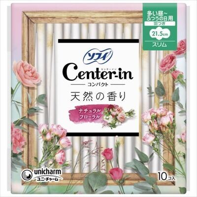 Unicharm Center-in Compact Natural Floral Scent For normal to  heavy flow day use Slim 21.5cm with wings (Made in Japan)