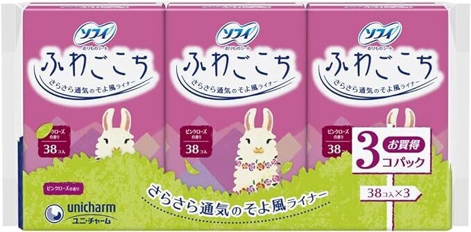 Unicharm Sofy Pantyliners, Pink Rose Scent, 38 Pieces x 3 Packs (Made in Japan)