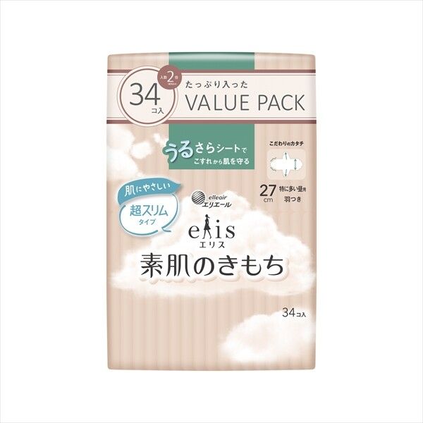 Elis Skin-Friendly Ultra Slim Heavy Flow Day Pads 27cm with Wings, 34 Count (Daio Paper, Made in Japan)