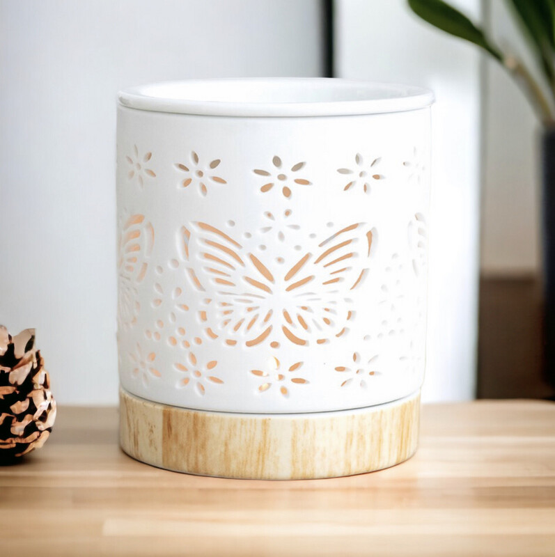 Butterfly Cut Out Design Oil/ Wax burner, with wood effect ceramic base