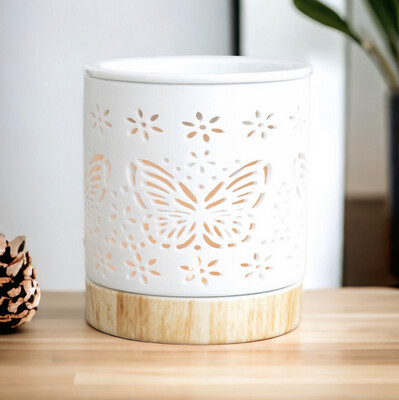 Butterfly Cut Out Design Oil/ Wax burner, with wood effect ceramic base