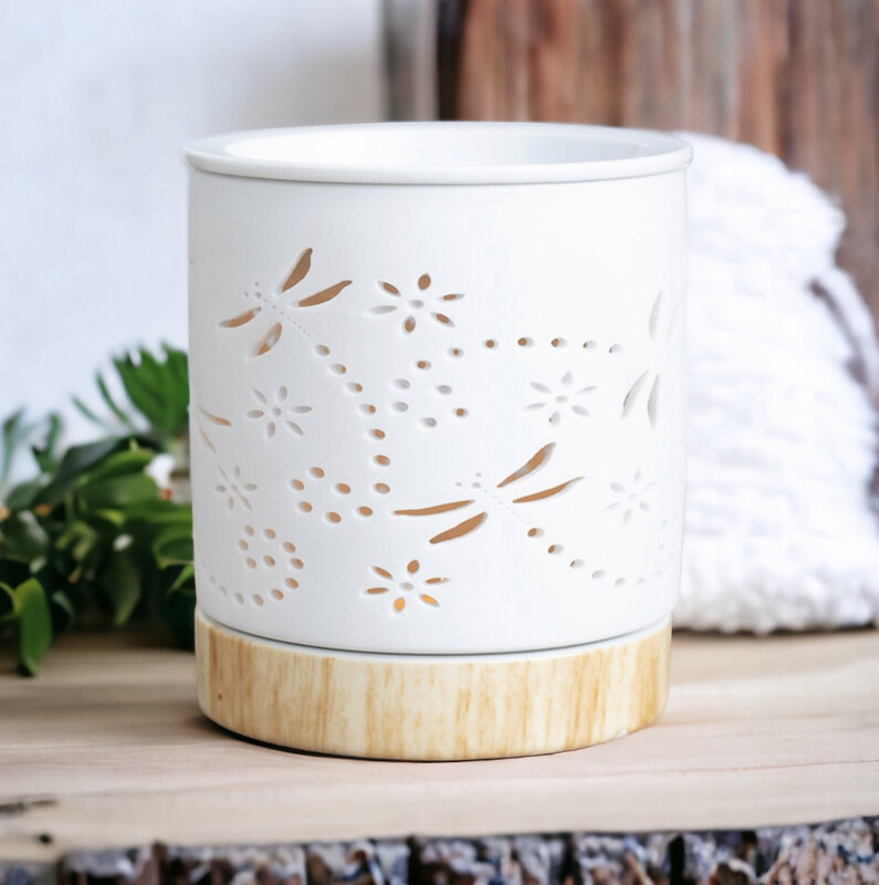 Dragonfly Cut Out Design Oil/ Wax Burner, with wood effect ceramic base