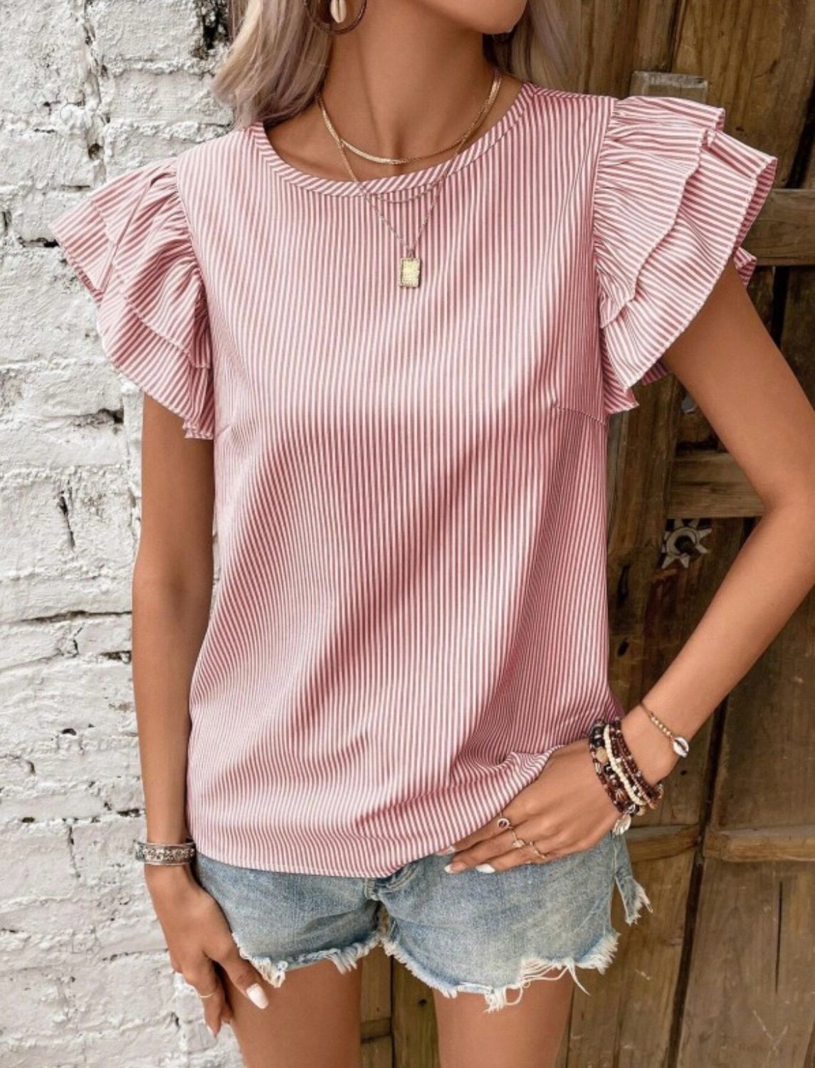 Pink Stripe Ruffle Blouse