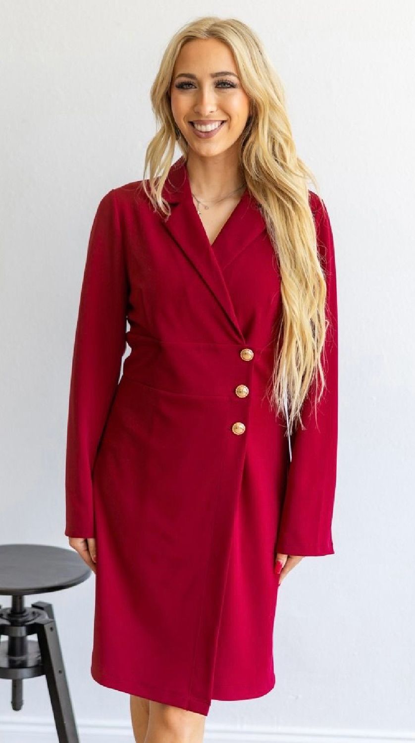 Merlot Long Sleeve Button Up Collared Dress