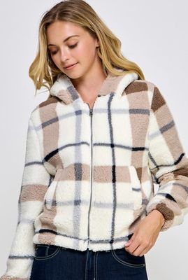 Plaid Sherpa Zip Up Hoodie Jacket
