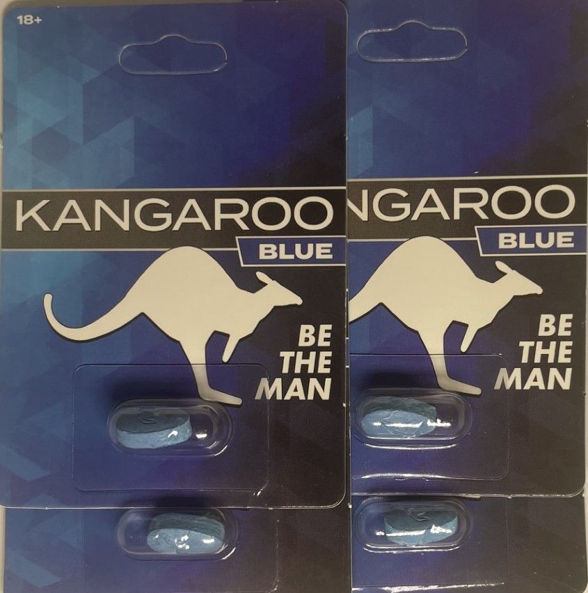 Kangaroo Blue herbal tablet in blister pack with kangaroo logo, novelty supplement