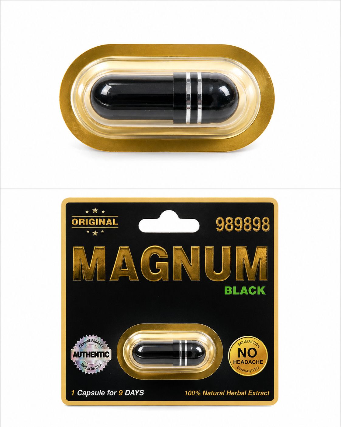 Magnum 989898 Black capsules (4 count) herbal wellness product in sealed blister packaging on white background