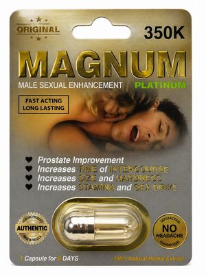 Magnum 350K Platinum capsule packaging showing blister pack with capsule and product card details