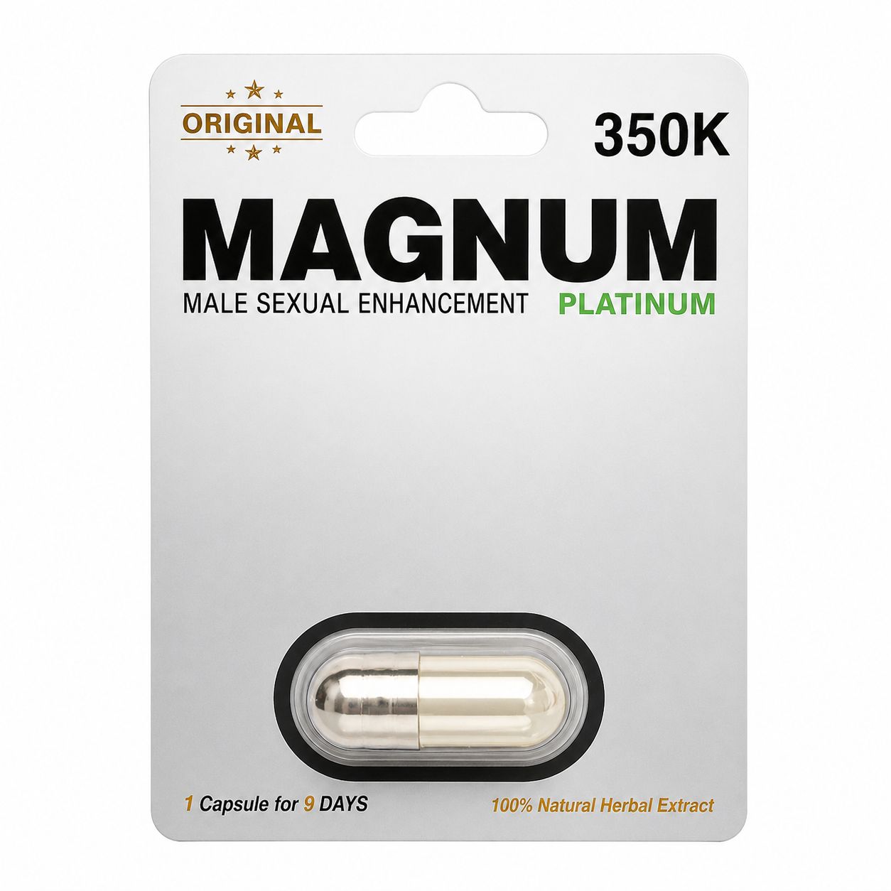 Magnum 350K Platinum capsule (4 count) herbal wellness product in sealed blister packaging on white background