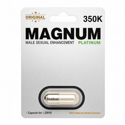 Magnum 350K Platinum capsule (4 count) herbal wellness product in sealed blister packaging on white background
