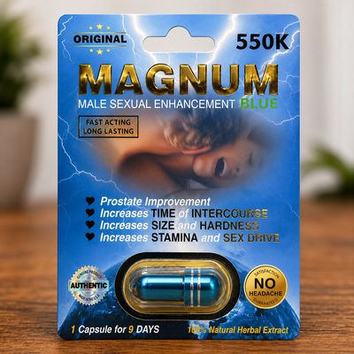 Magnum 550K Blue capsule product packaging showing blister pack and capsule close-up