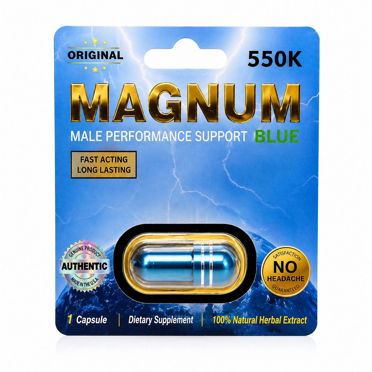 Magnum 550K Blue capsules (3 count) herbal wellness product in sealed packaging on white background