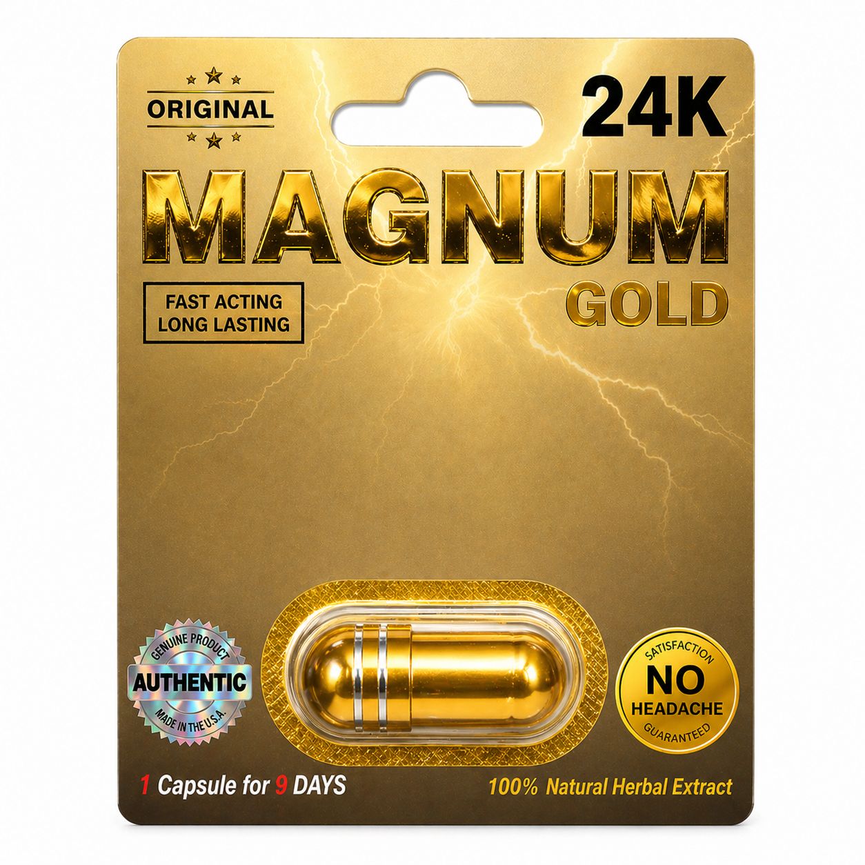 Magnum 24K Gold capsule (4 count) herbal wellness product in sealed blister packaging on white background