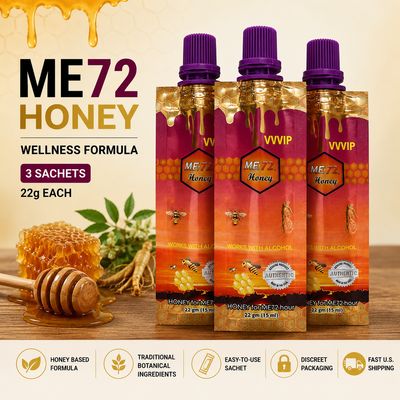 ME72 Honey Wellness Formula 3 sachets, 22g each, front product packaging.