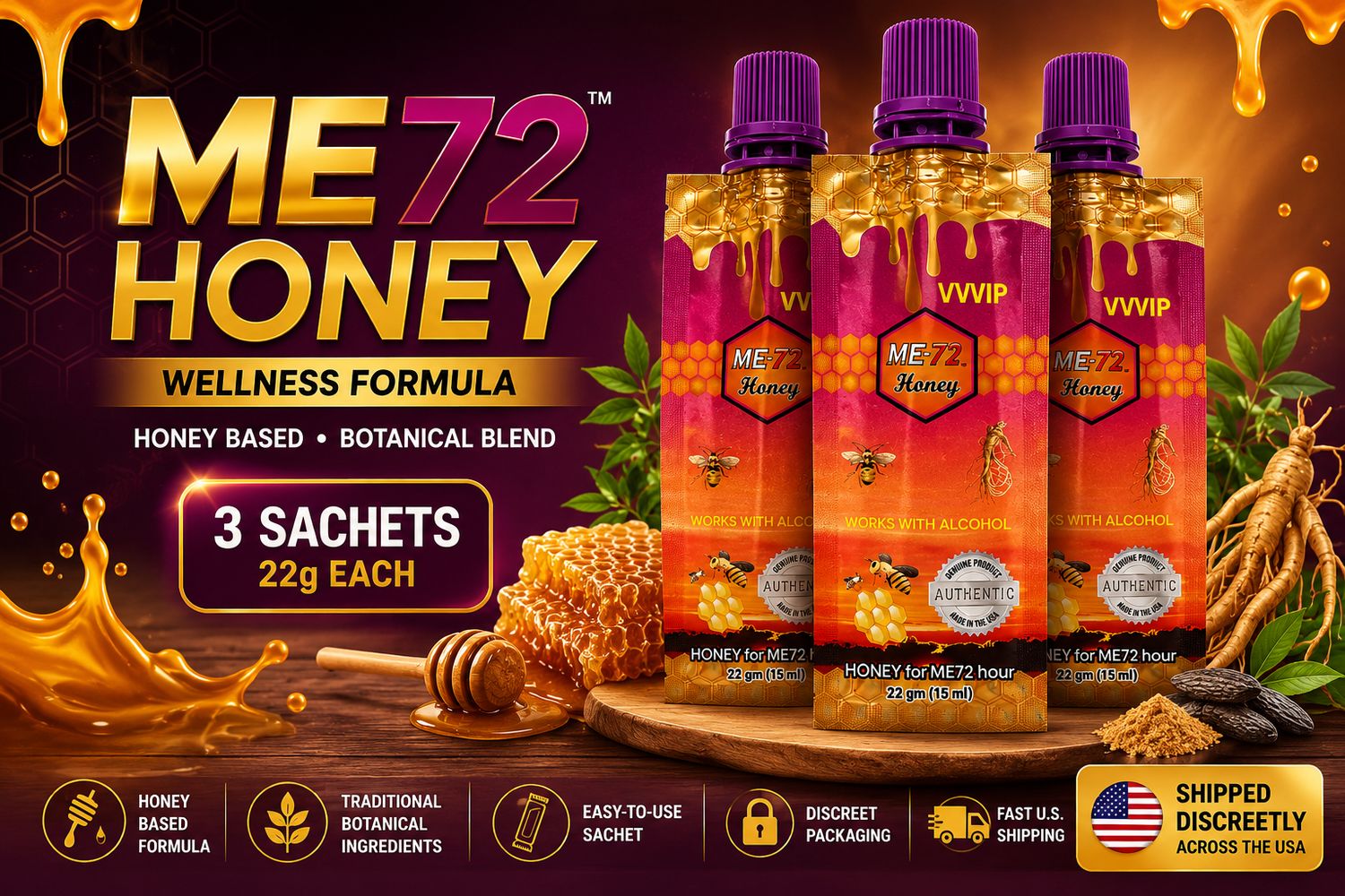 ME72 Honey Wellness Formula featuring 3 honey sachets with botanical ingredients, honey-based formula, discreet packaging,