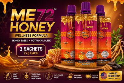 ME72 Honey Wellness Formula featuring 3 honey sachets with botanical ingredients, honey-based formula, discreet packaging,