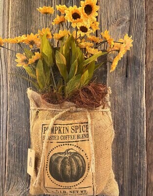 Straw Sac with Yellow Flowers & Green Leaves