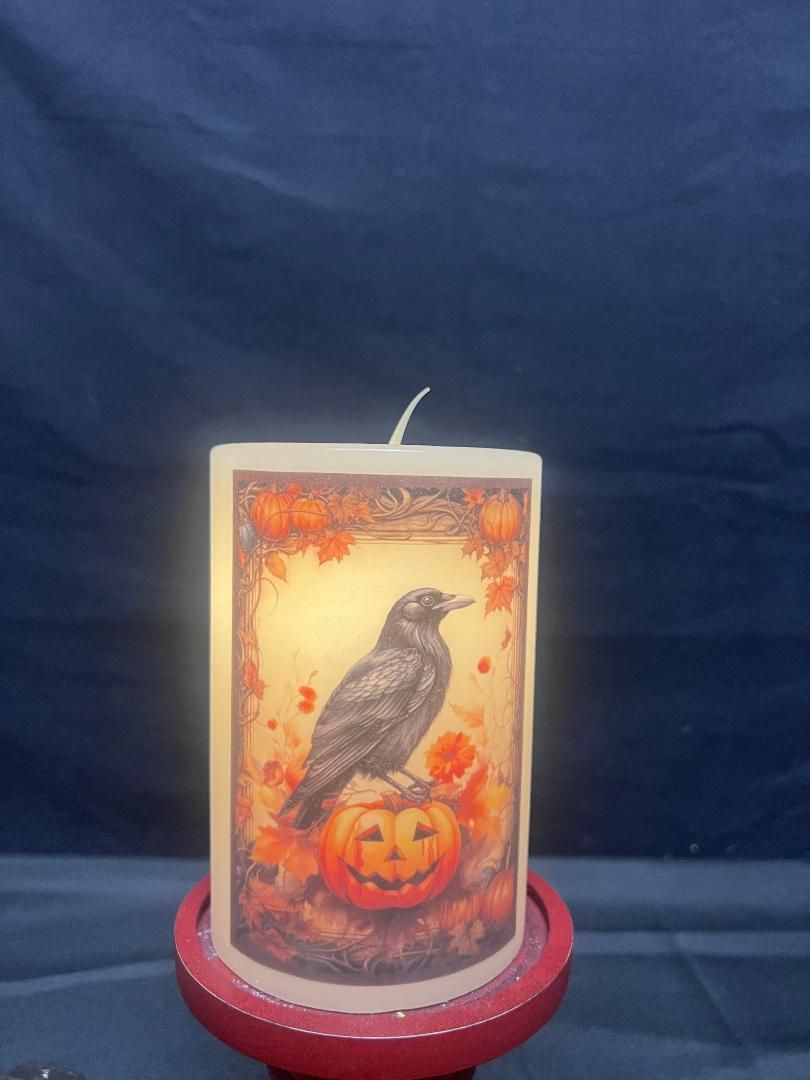 Fall Pumpkin & Crow Cream Candle Sleeve CR