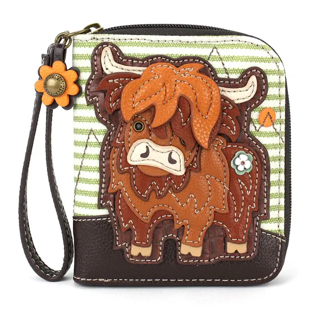 Zip Around Wallet Highland Cow Green Stripe