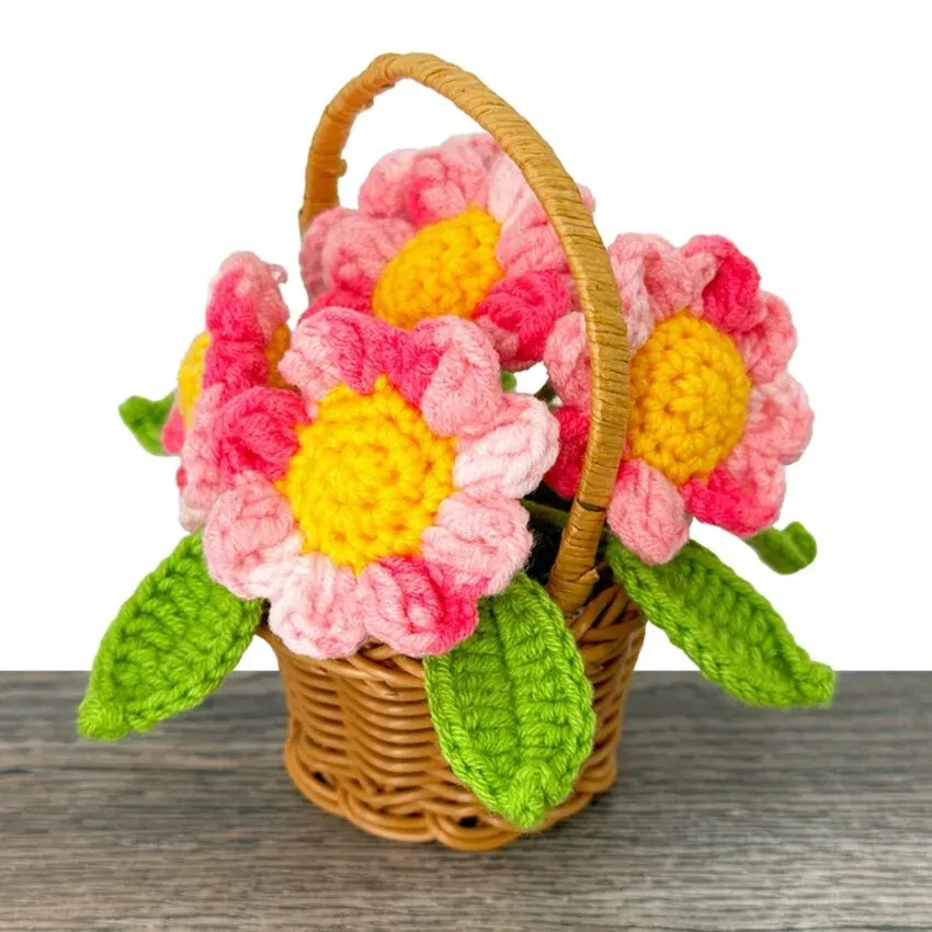 Crochet Pink Sunflowers in Basket