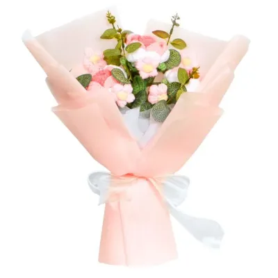 Crochet Light Pink Rose & Puff Flower Bouquet 1027