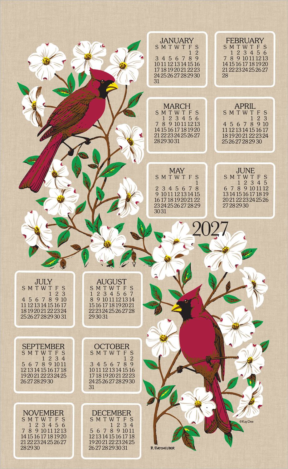 KD Calendar Towel Dogwood & Cardinal