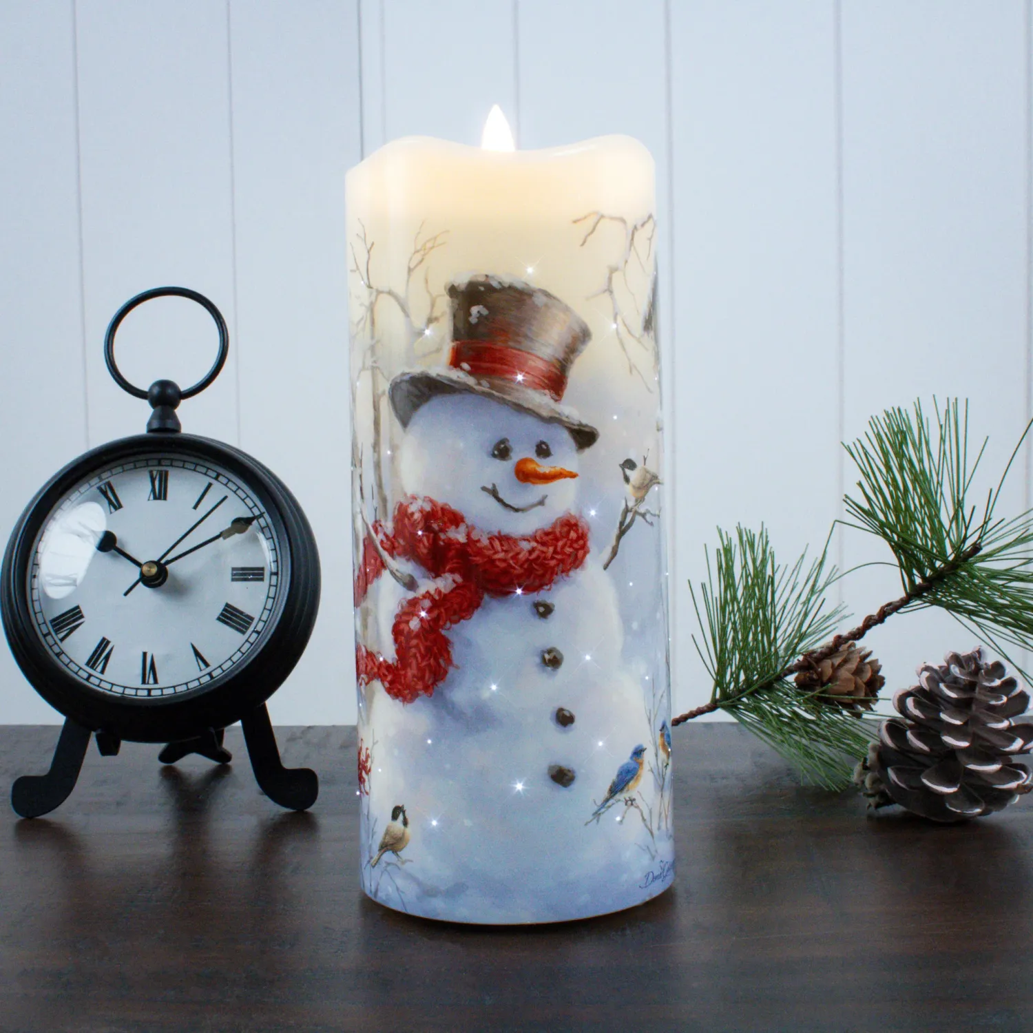 Fiber Opt. Birch Forest Snowman Candle 1225