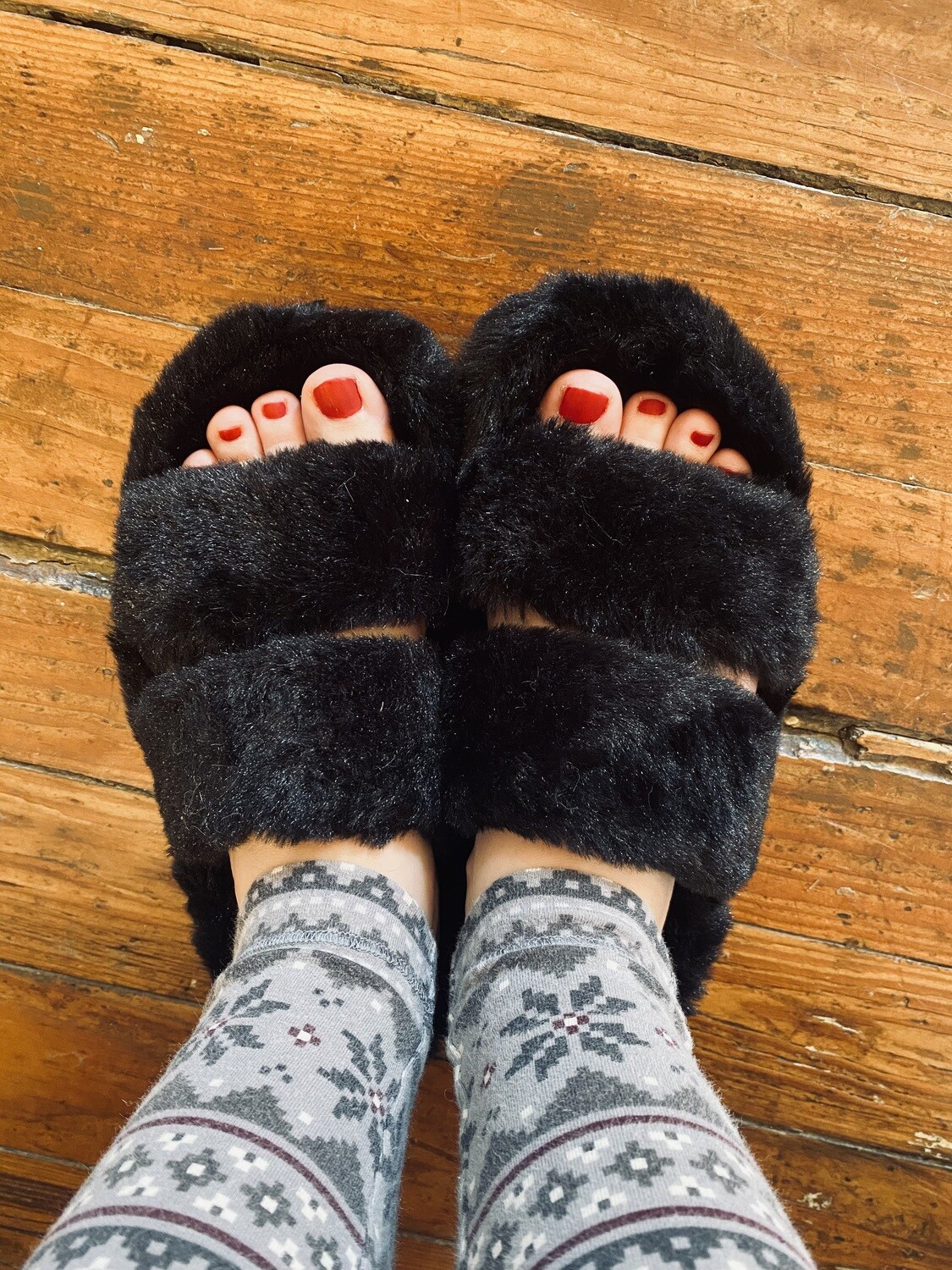 Black Fuzzy Two Band Slippers
