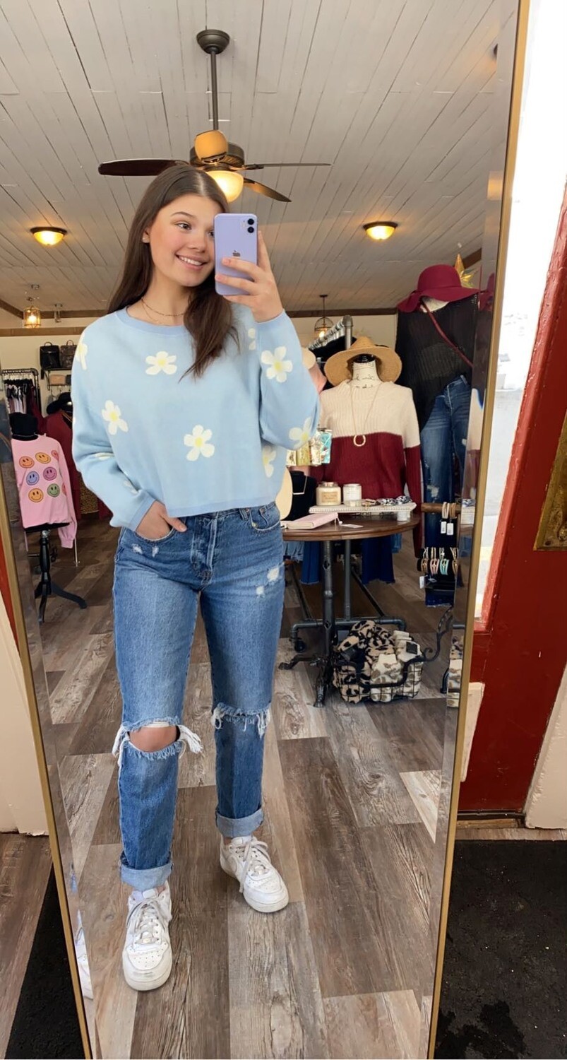 Blue Cropped Flower Sweater
