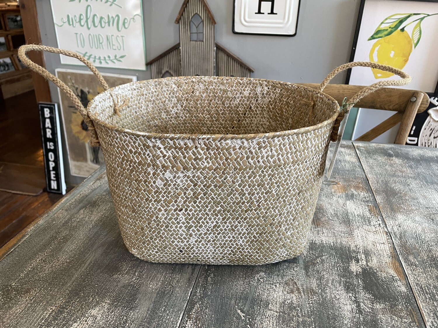 White Wash Seagrass Basket, Size: Small