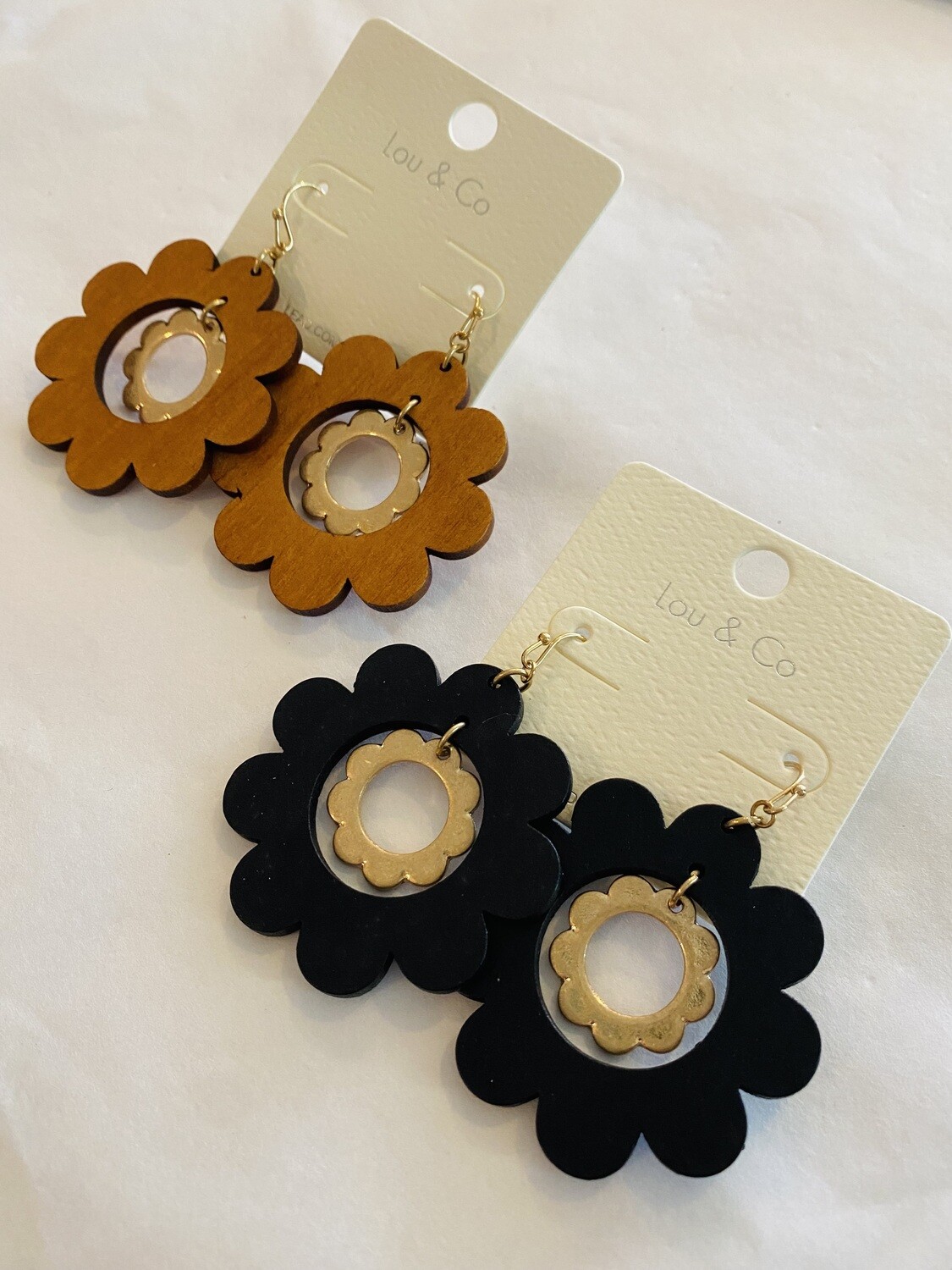 Wood & Gold Flower Earrings