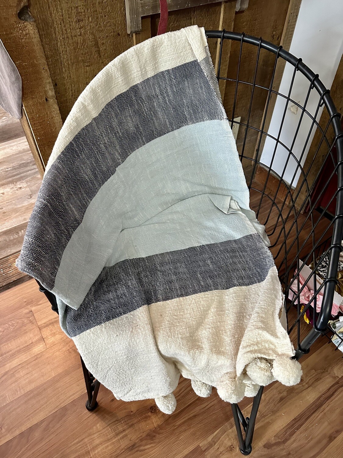 Blue/Cream Stripe Blanket W Poms