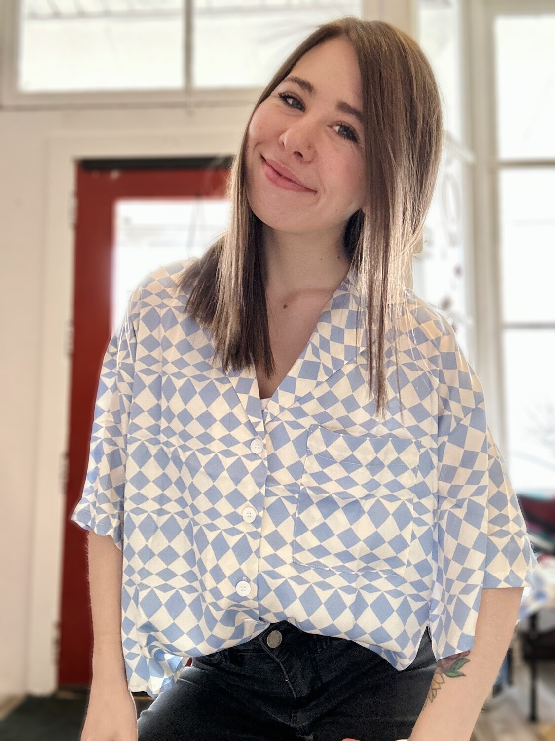 Blue Checkered Print Cropped Tee
