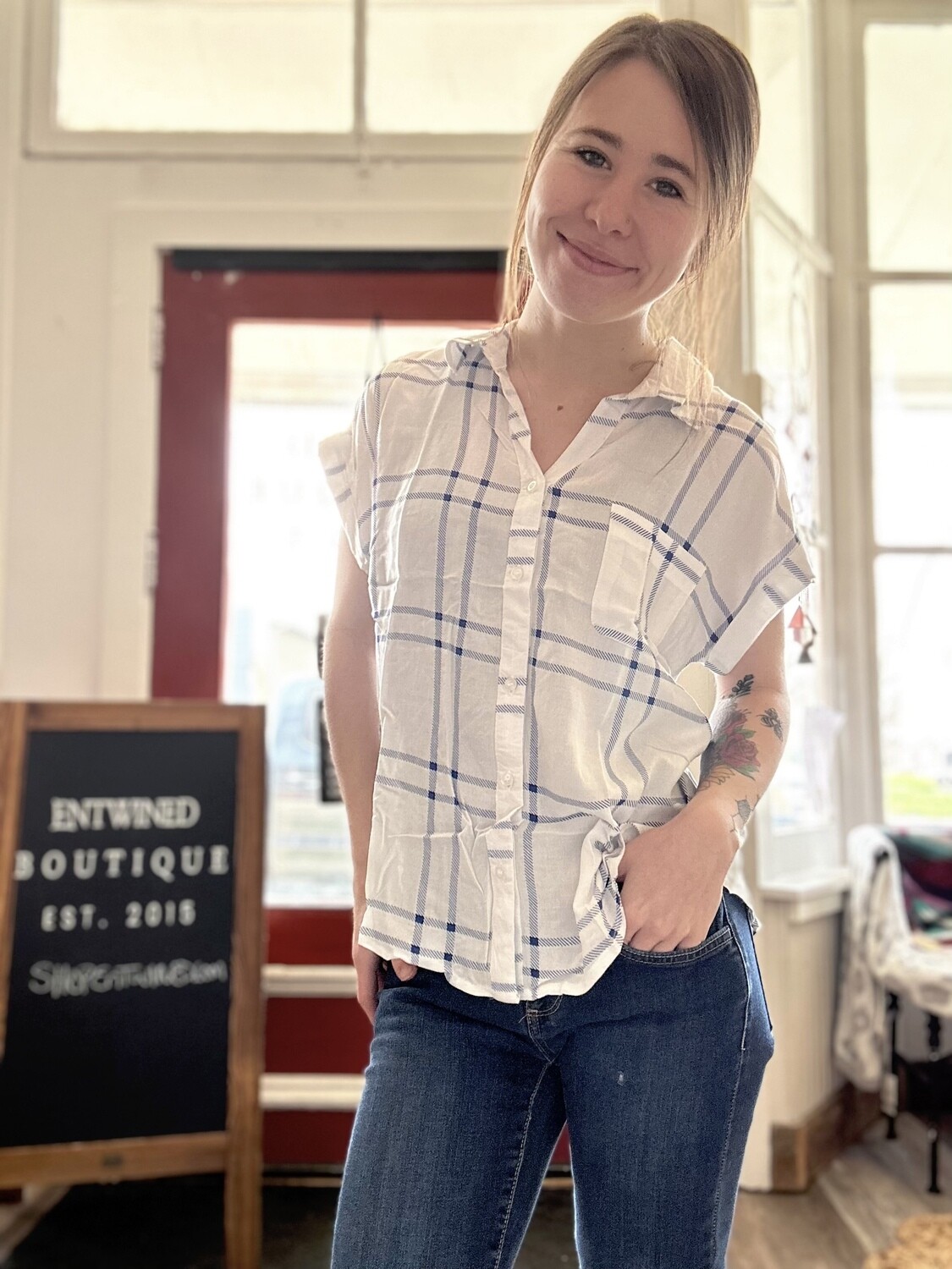 Rolled Short Sleeve Plaid Top