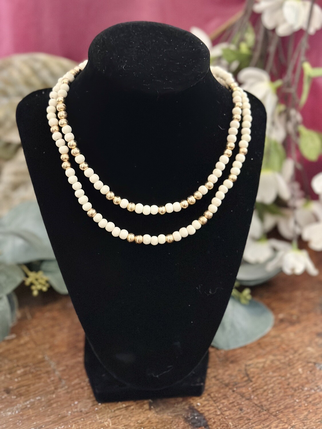 Two-Layer Beaded Necklace, Color: Ivory